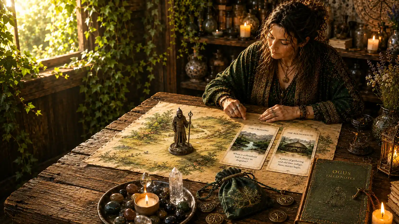 Ogus field notes, cards and objects laid out on a wooden table.